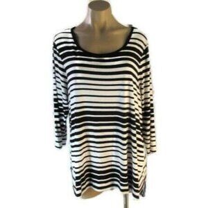 Chicos Hi Low Striped Top Shirt 2 M L Stretch Knit 3/4 Sleeves Black White